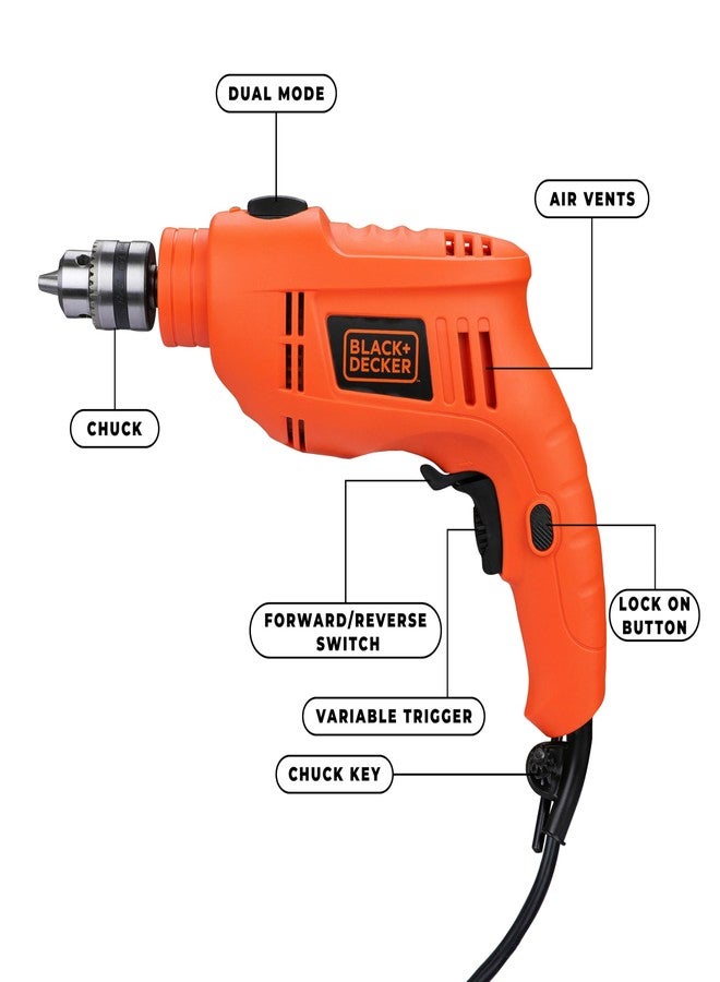 BLACK+DECKER TB555-B1 550W 10mm Corded Variable Speed Reversible Hammer Drill, Ergonomic Design, Lock-Speed Button, For Home & DIY Use for Masonry, Steel & Wood, 1 Year Warranty, ORANGE - Image 3